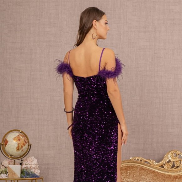 NEW LONG OFF THE SHOULDER SLEEVELESS EMBROIDERED SEQUIN DRESS WITH ZIP Gl3149 - Picture 8 of 11